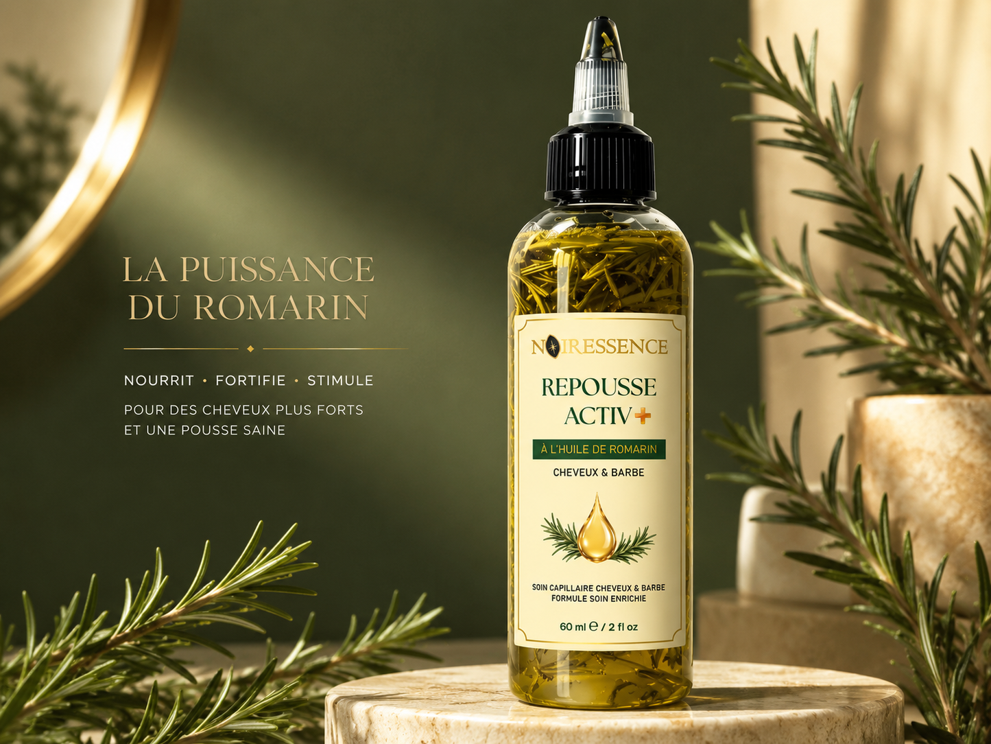 Repousse Activ+ Huile de Romarin Cheveux & Barbe – Soin Fortifiant et Nourrissant – 60 ml