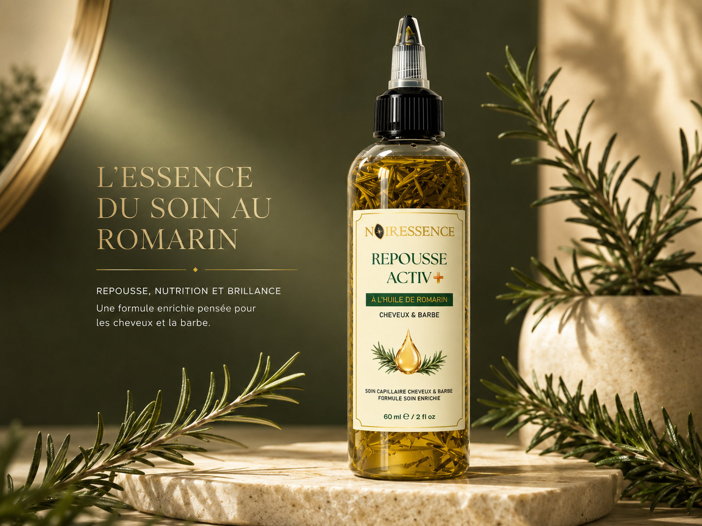 Repousse Activ+ Huile de Romarin Cheveux & Barbe – Soin Fortifiant et Nourrissant – 60 ml