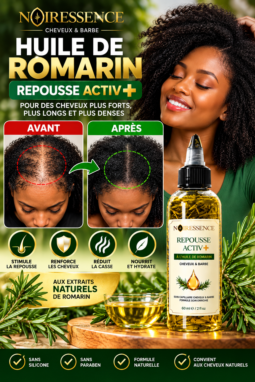 Repousse Activ+ Huile de Romarin Cheveux & Barbe – Soin Fortifiant et Nourrissant – 60 ml